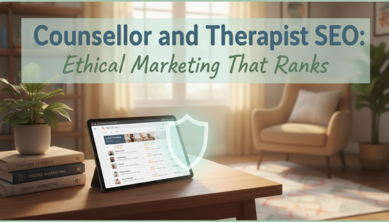 Counsellor and therapist SEO ethical marketing guide with tablet