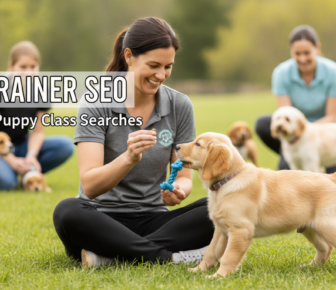 Dog trainer teaching golden retriever puppy during outdoor class