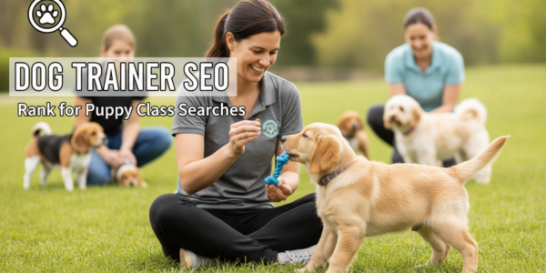 Dog trainer teaching golden retriever puppy during outdoor class