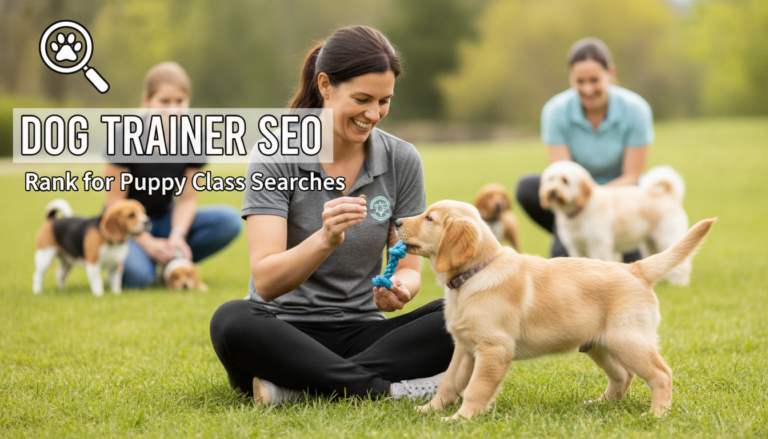 Dog trainer teaching golden retriever puppy during outdoor class