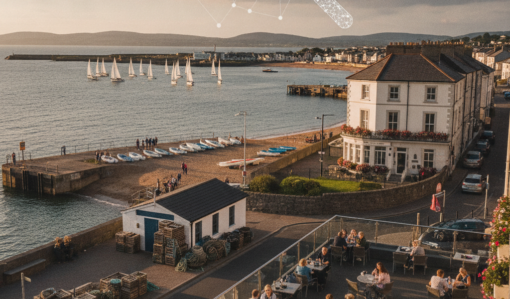 Coastal town harbour terrace dining with sailboats at sunset