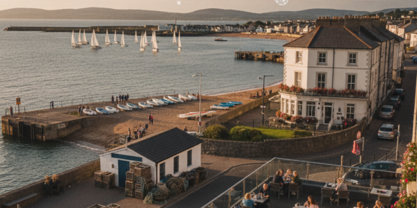 Coastal town harbour terrace dining with sailboats at sunset