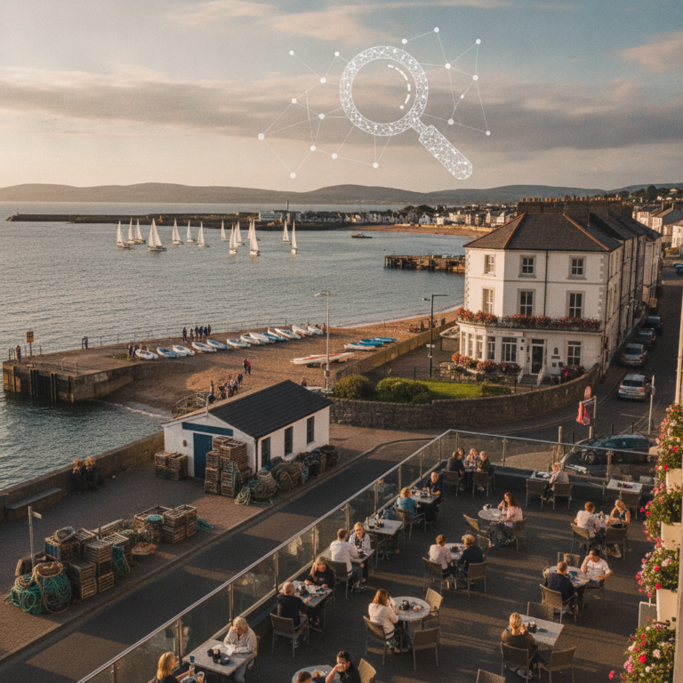 Coastal town harbour terrace dining with sailboats at sunset