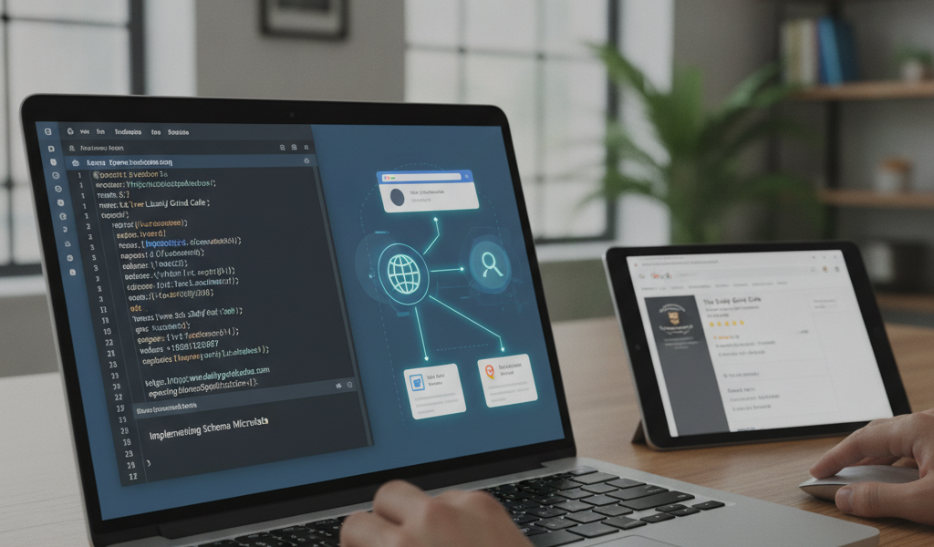 Developer implementing local business schema markup on laptop
