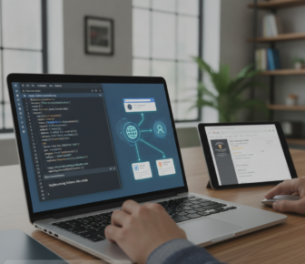 Developer implementing local business schema markup on laptop