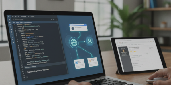 Developer implementing local business schema markup on laptop