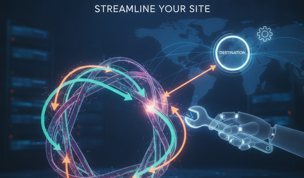 Robot hand fixing website redirect chains and loops illustration