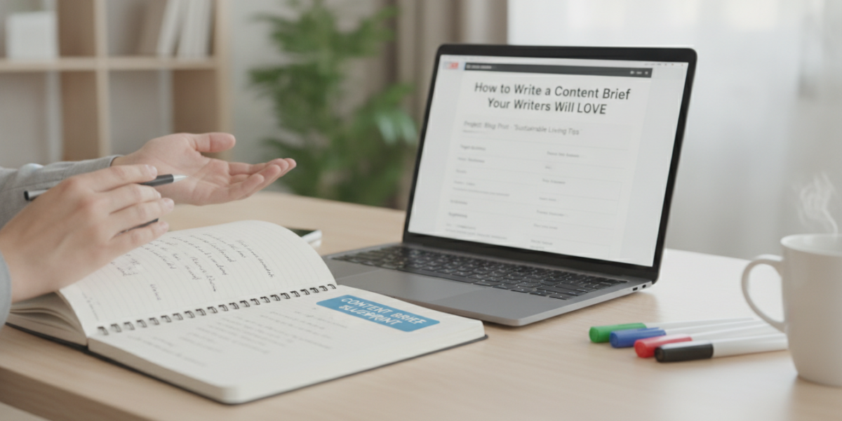 Person writing content brief with laptop and notebook on desk