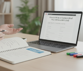 Person writing content brief with laptop and notebook on desk