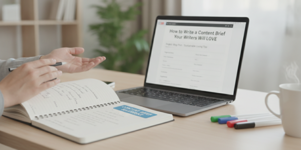 Person writing content brief with laptop and notebook on desk