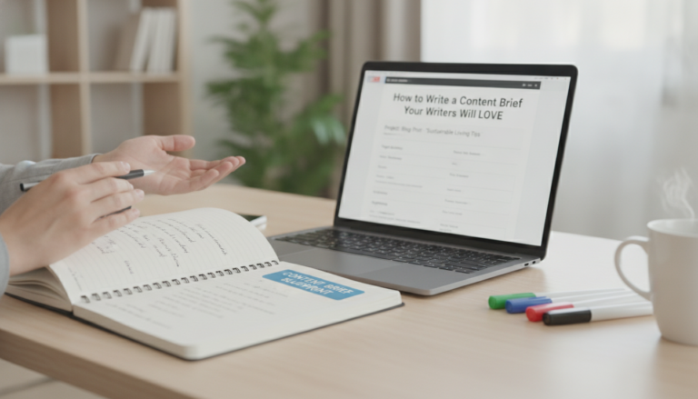 Person writing content brief with laptop and notebook on desk