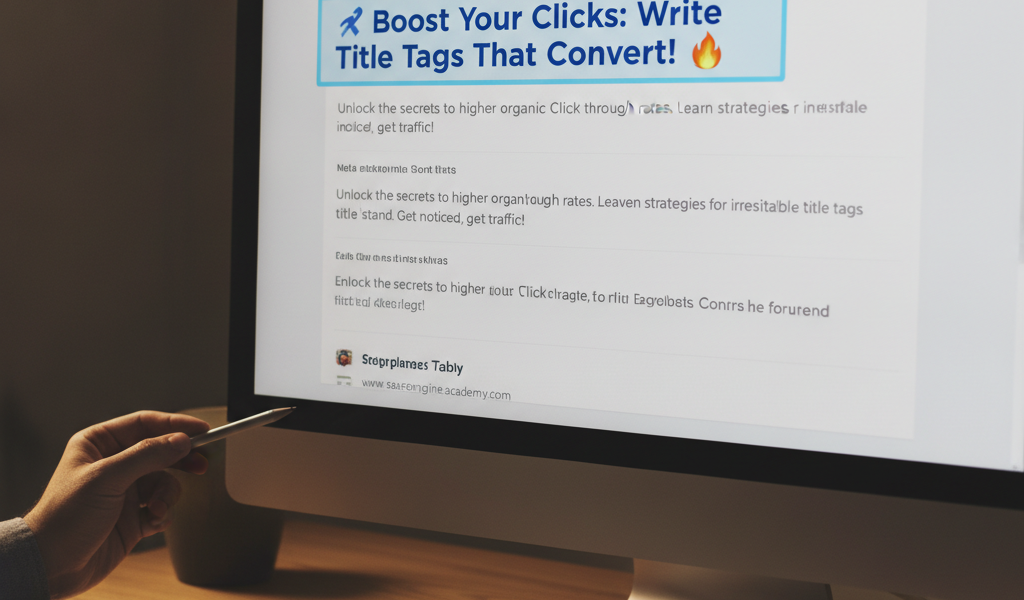 Person writing SEO title tags on computer screen