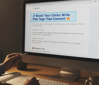 Person writing SEO title tags on computer screen