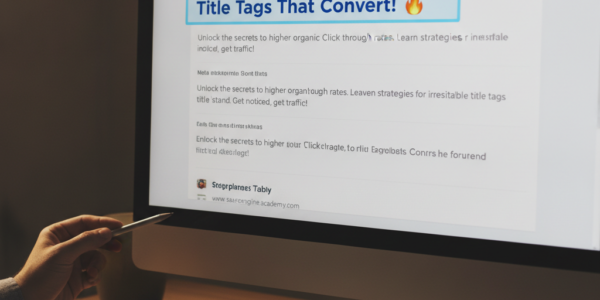 Person writing SEO title tags on computer screen