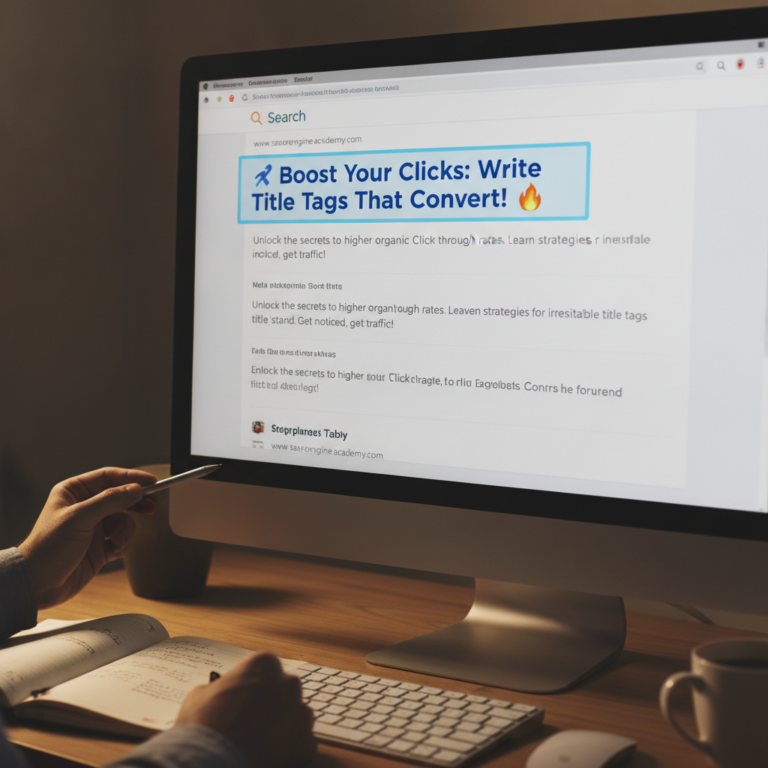 Person writing SEO title tags on computer screen