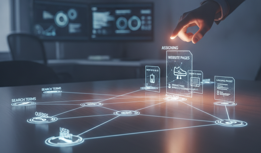 Hand pointing at holographic SEO website pages network diagram