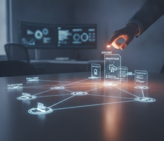 Hand pointing at holographic SEO website pages network diagram