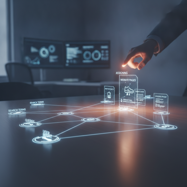 Hand pointing at holographic SEO website pages network diagram