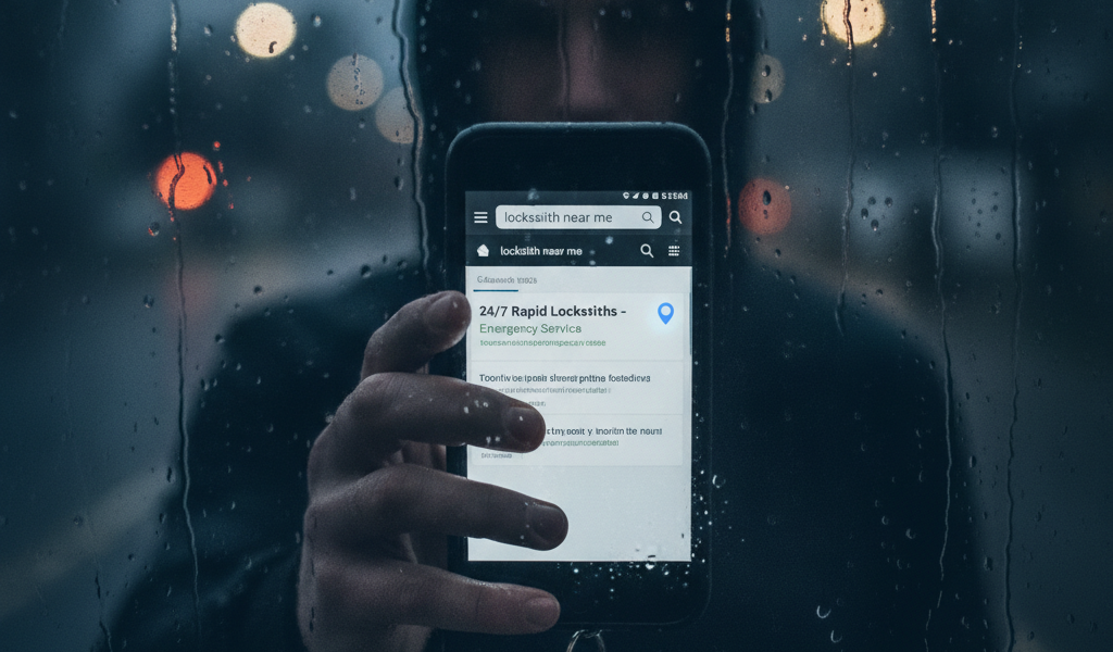 Person searching locksmith near me on phone in rain