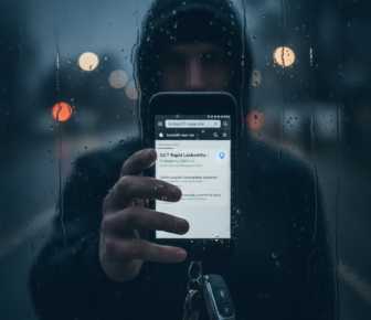 Person searching locksmith near me on phone in rain