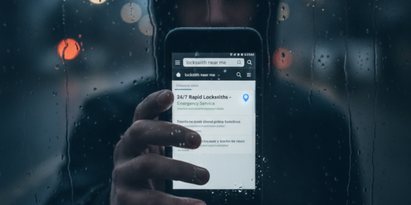 Person searching locksmith near me on phone in rain