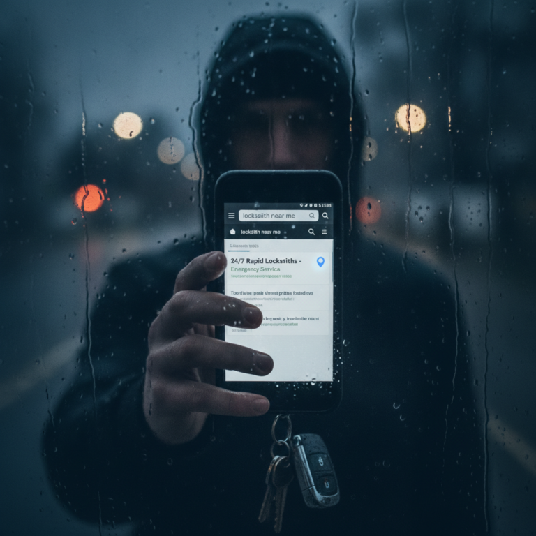 Person searching locksmith near me on phone in rain
