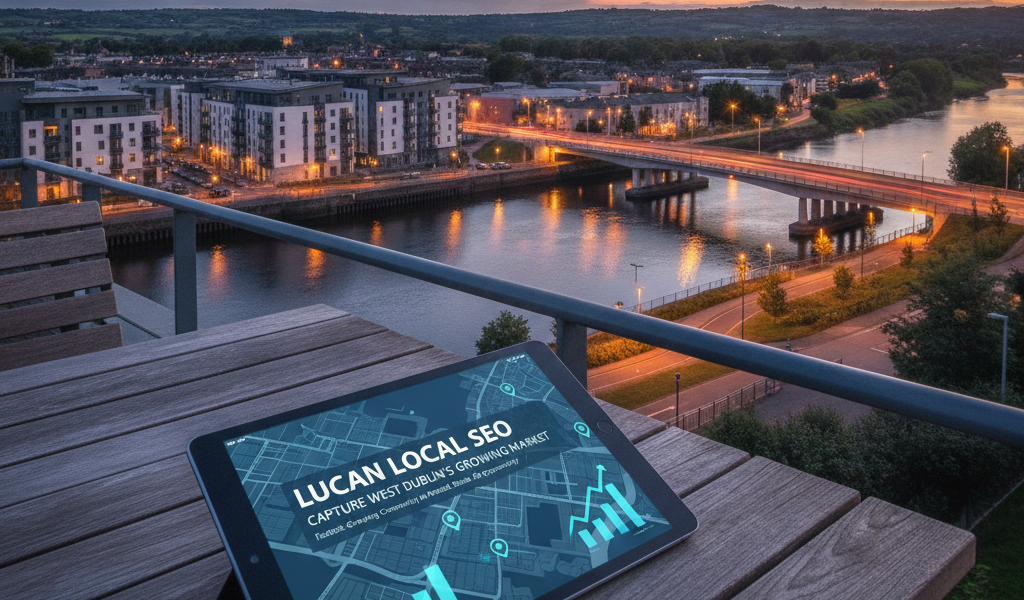 Tablet displaying Lucan local SEO map overlooking Dublin riverside at dusk
