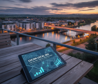 Tablet displaying Lucan local SEO map overlooking Dublin riverside at dusk