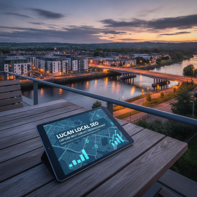 Tablet displaying Lucan local SEO map overlooking Dublin riverside at dusk