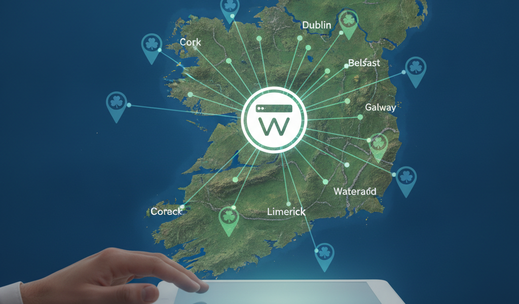 Multi-location SEO map of Ireland with connected city pins