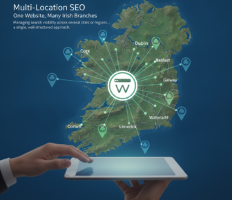 Multi-location SEO map of Ireland with connected city pins