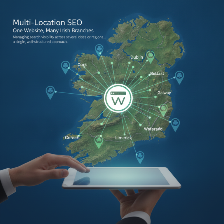 Multi-location SEO map of Ireland with connected city pins