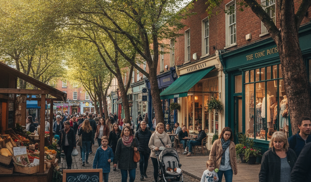 Busy cobblestone high street with shoppers, market stalls and trees