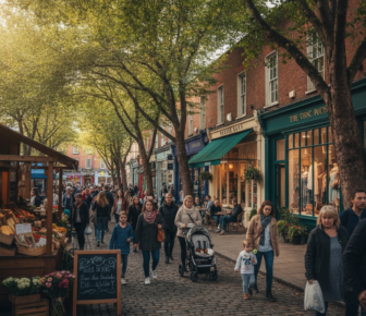 Busy cobblestone high street with shoppers, market stalls and trees