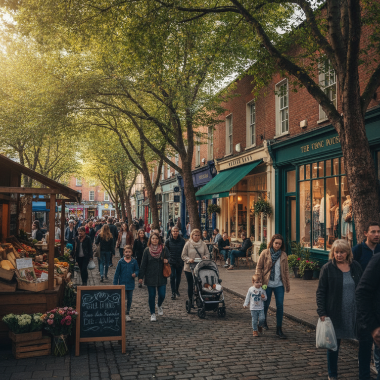 Busy cobblestone high street with shoppers, market stalls and trees