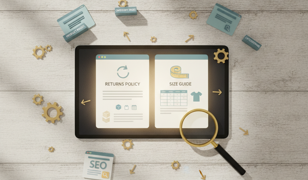 Tablet displaying returns policy and size guide with SEO icons