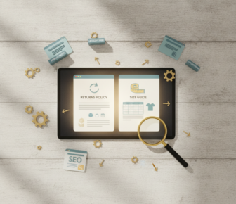 Tablet displaying returns policy and size guide with SEO icons
