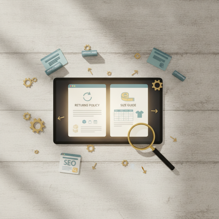Tablet displaying returns policy and size guide with SEO icons