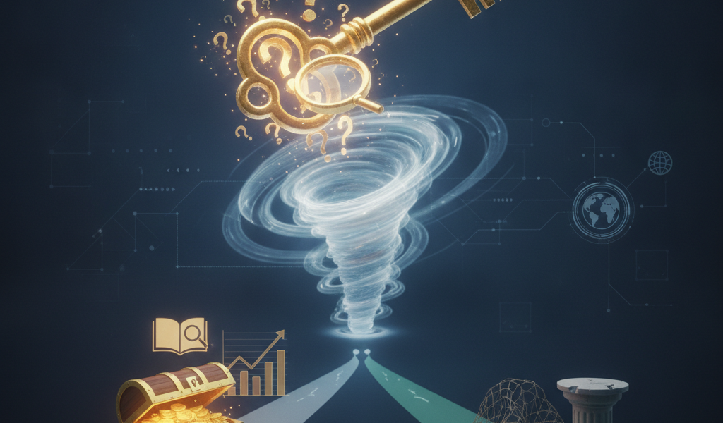 Golden key with question marks above treasure chest and tornado
