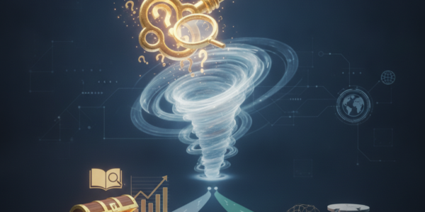 Golden key with question marks above treasure chest and tornado