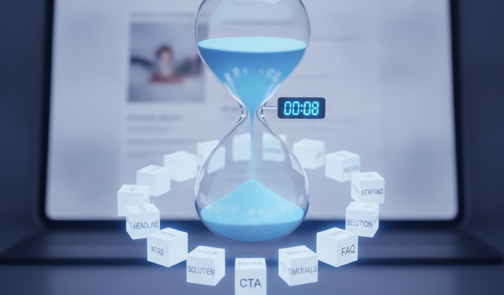 Hourglass timer with website content blocks and eye icon