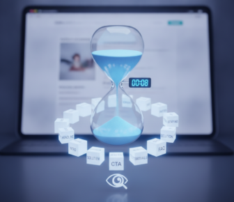 Hourglass timer with website content blocks and eye icon