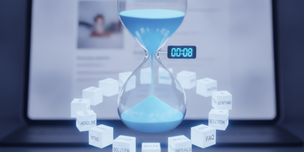 Hourglass timer with website content blocks and eye icon