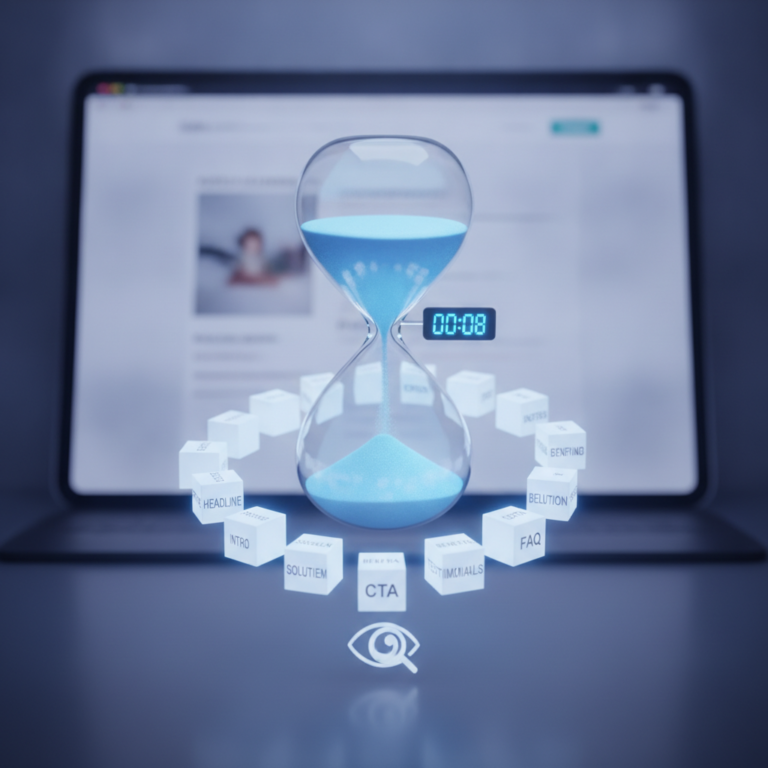 Hourglass timer with website content blocks and eye icon