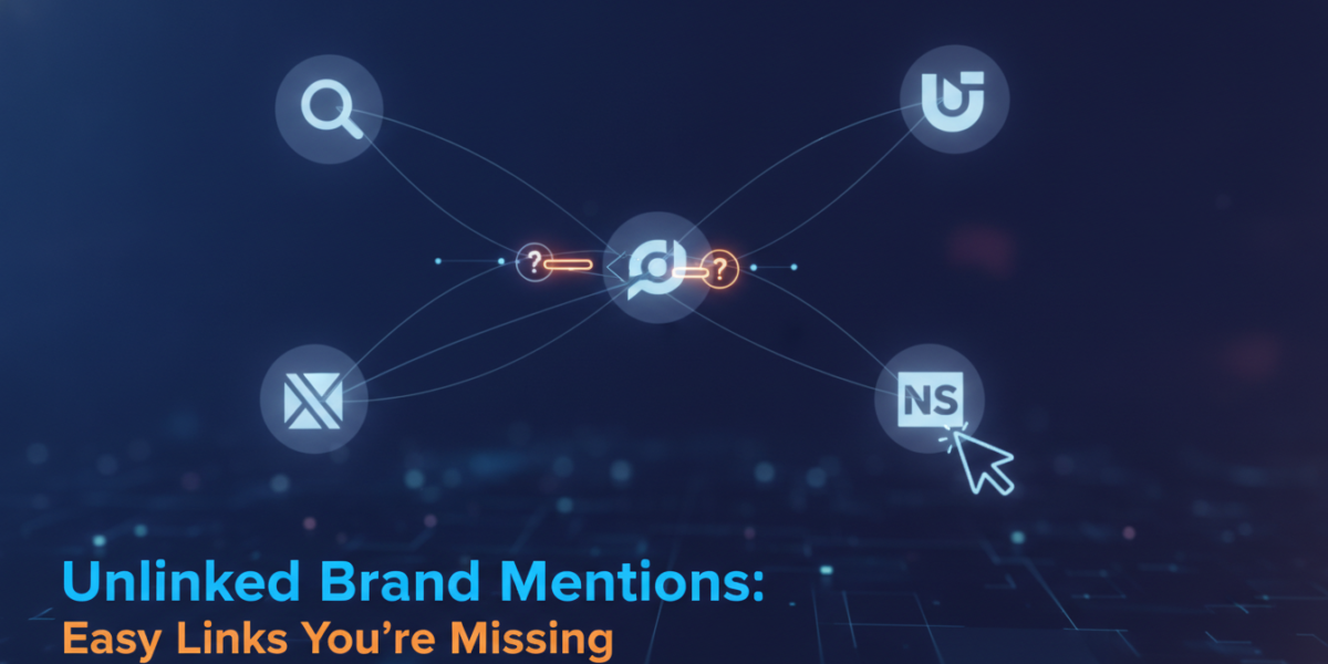 Unlinked brand mentions SEO strategy with connected icons