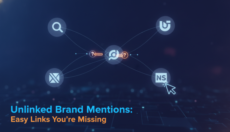Unlinked brand mentions SEO strategy with connected icons