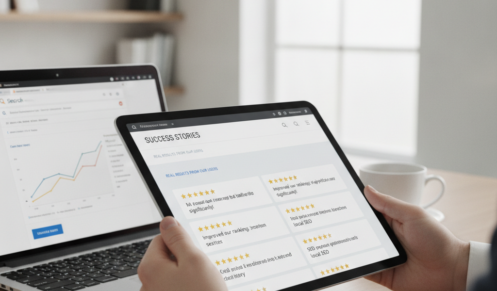 Businessman reviewing SEO success stories on tablet and laptop