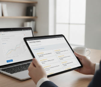 Businessman reviewing SEO success stories on tablet and laptop