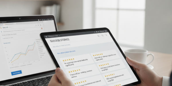 Businessman reviewing SEO success stories on tablet and laptop