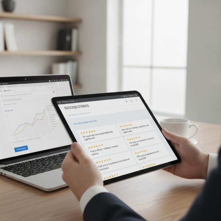 Businessman reviewing SEO success stories on tablet and laptop